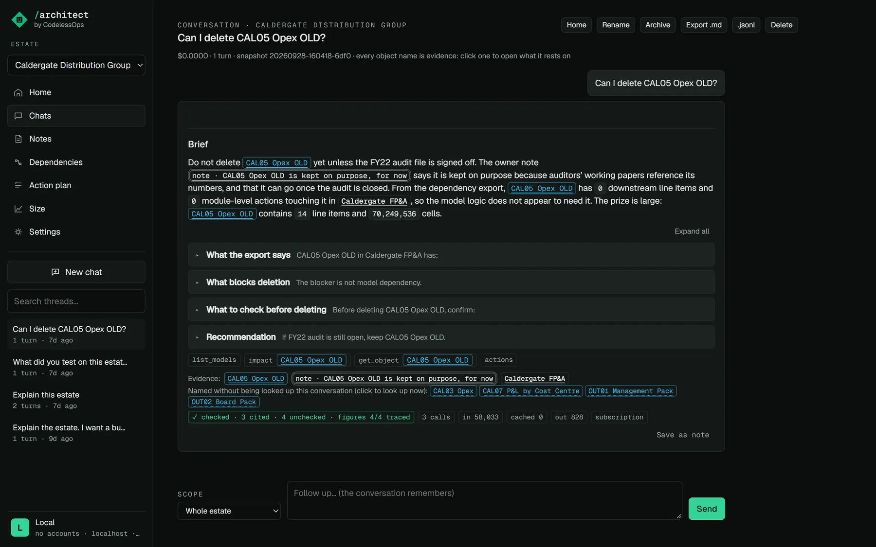 A conversation asking whether a module can be deleted: the answer cites an owner note and the dependency export, with a checked, cited and traced line underneath