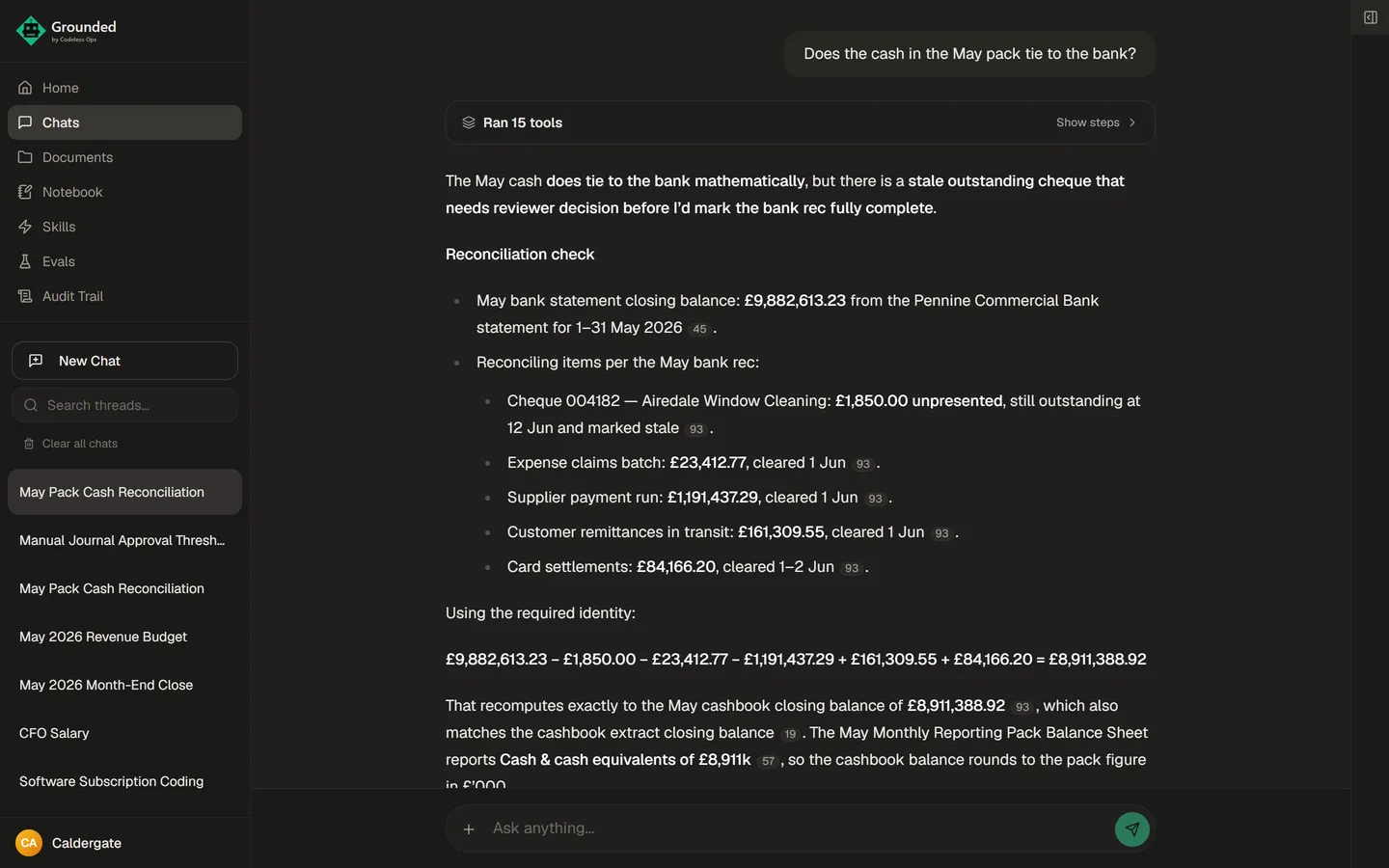 The thread Claude Code created in Grounded, with the same answer, its chips and the trust chain, open in the browser