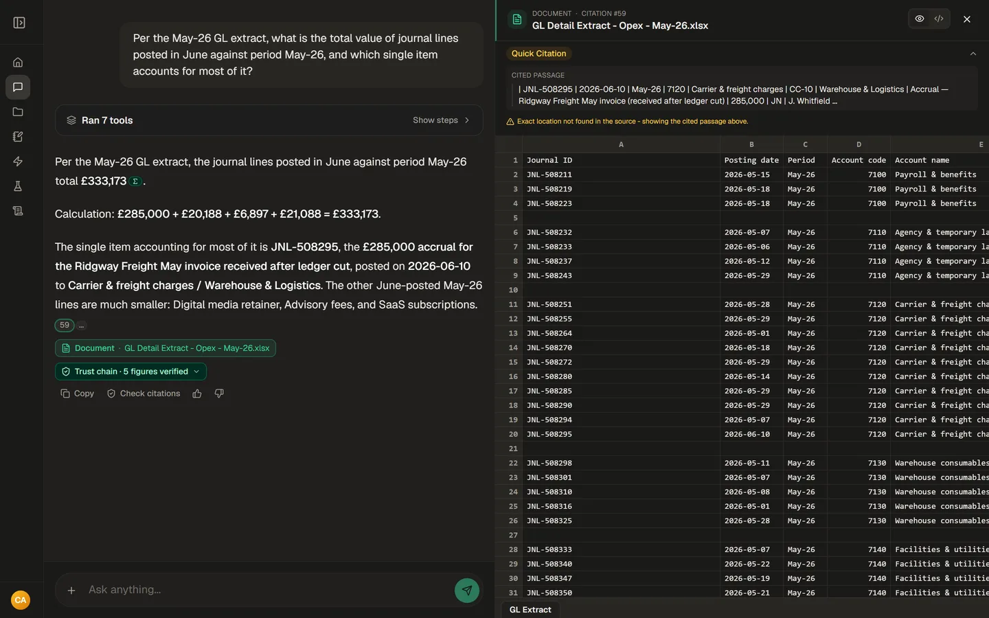 The GL extract open on the cited journal rows