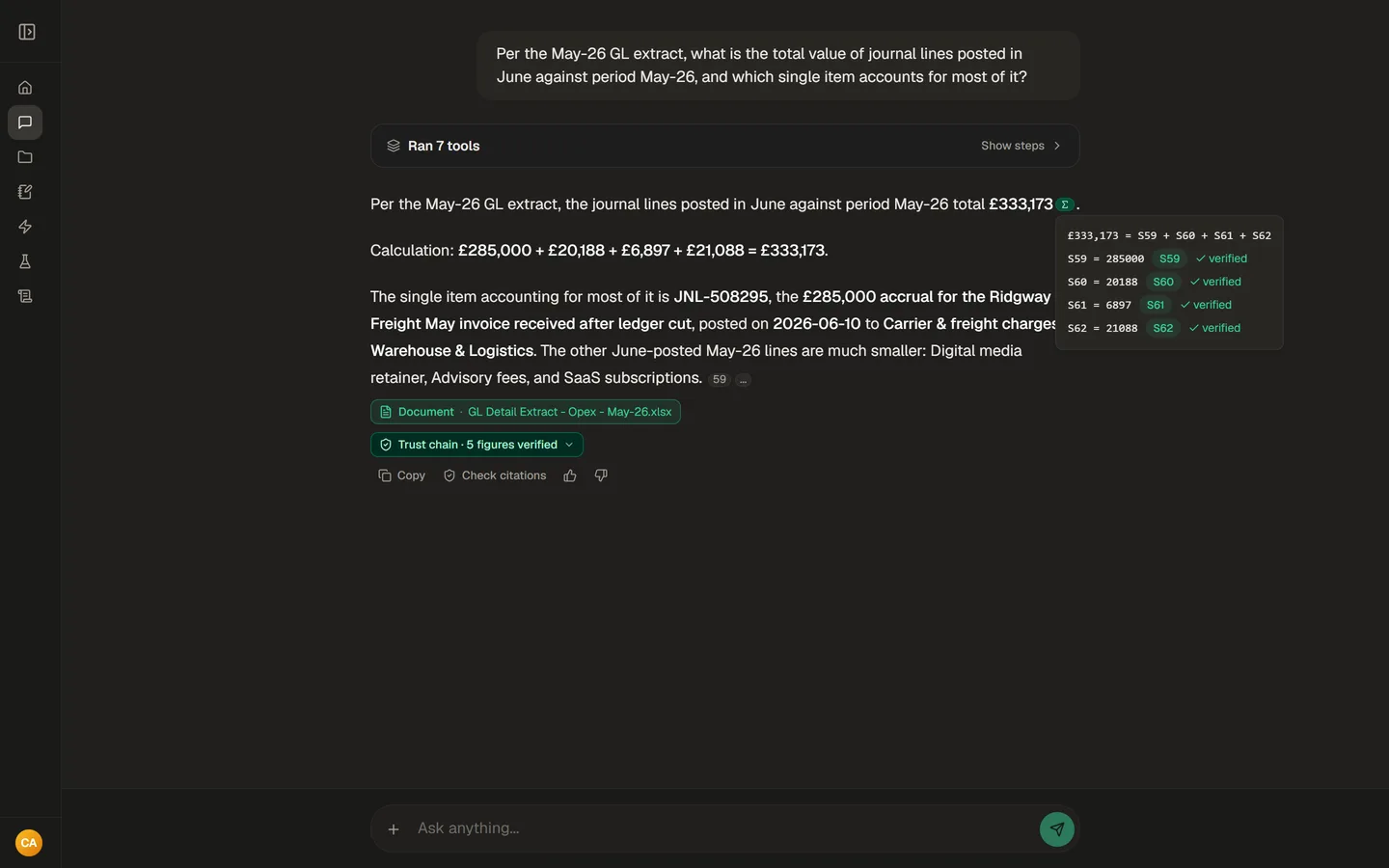 The derivation popover: £333,173 = S59 + S60 + S61 + S62, each input verified