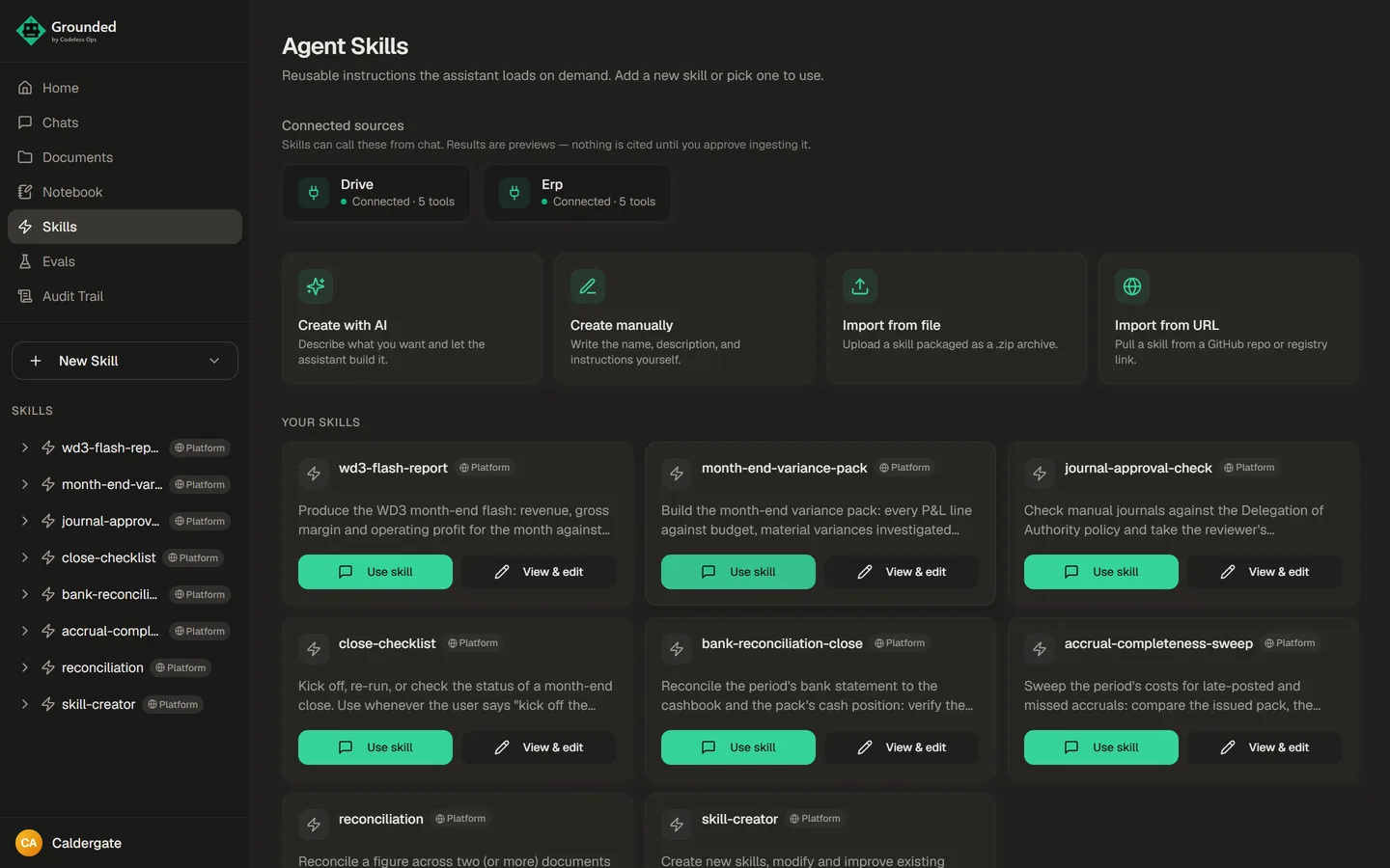 The skills page: Drive and ERP connected, and the eight platform skills including the six close skills and reconciliation